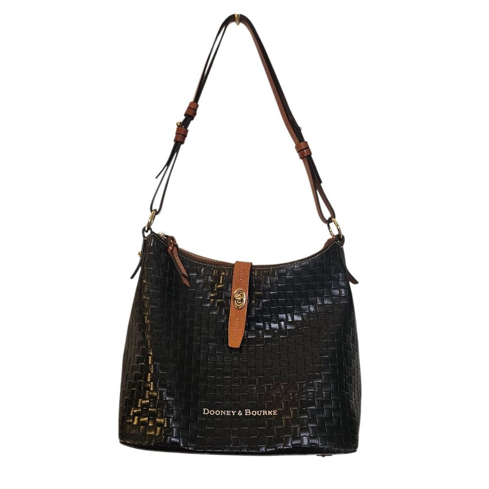 Dooney & Bourke Woven Black Leather Hobo Shoulder Bag Brown Trim Gold Hardware